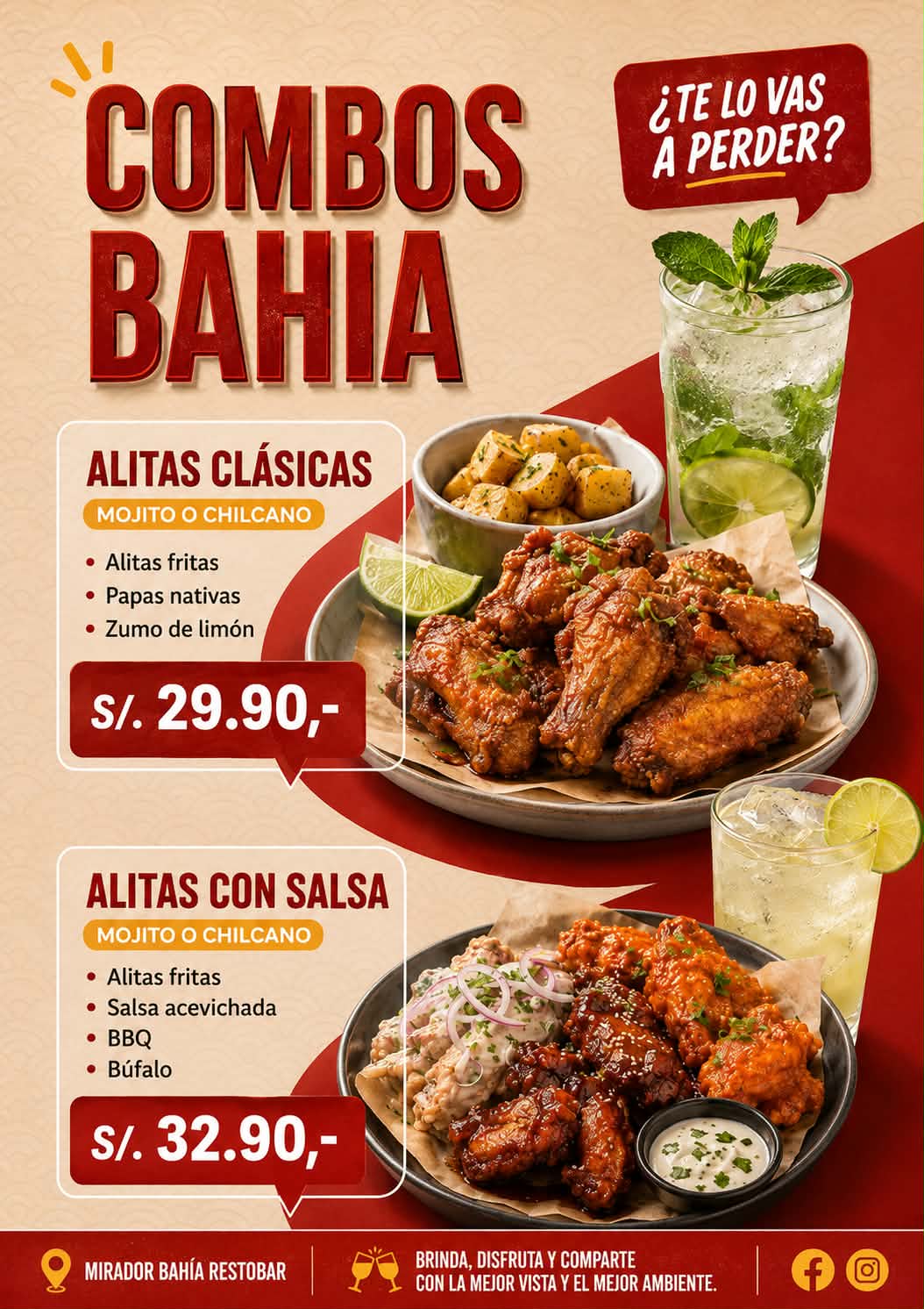 Alitas con salsa + mojito/chilcano